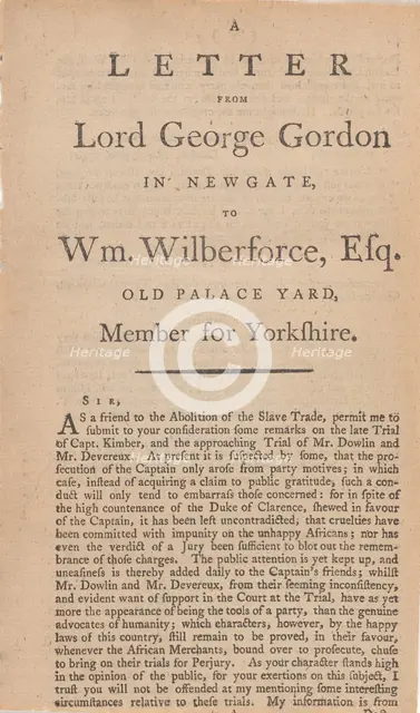 A letter from Lord George Gordon in Newgate, to Wm. Wilberforce, Esq...., 1792. Creator: Unknown.