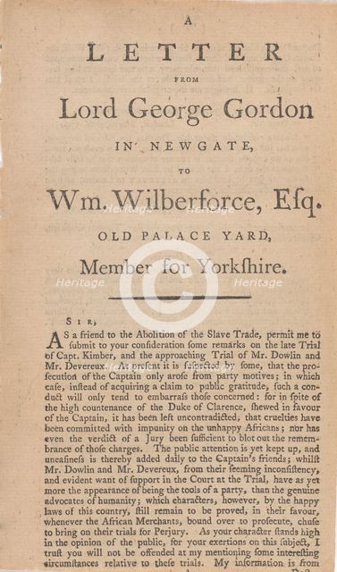A letter from Lord George Gordon in Newgate, to Wm. Wilberforce, Esq...., 1792. Creator: Unknown.