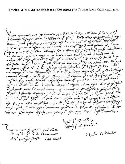 A letter from Miles Coverdale, Bishop of Exeter, to Thomas Lord Cromwell, 1538, (1840).Artist: Miles Coverdale