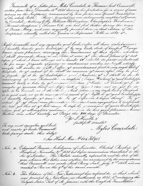 A letter from Miles Coverdale, Bishop of Exeter, to Thomas Lord Cromwell, 1538, (1840).Artist: Miles Coverdale