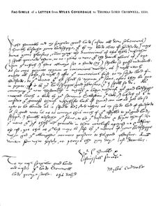 A letter from Miles Coverdale, Bishop of Exeter, to Thomas Lord Cromwell, 1538, (1840).Artist: Miles Coverdale