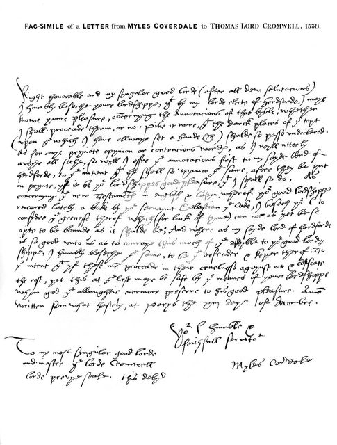 A letter from Miles Coverdale, Bishop of Exeter, to Thomas Lord Cromwell, 1538, (1840).Artist: Miles Coverdale