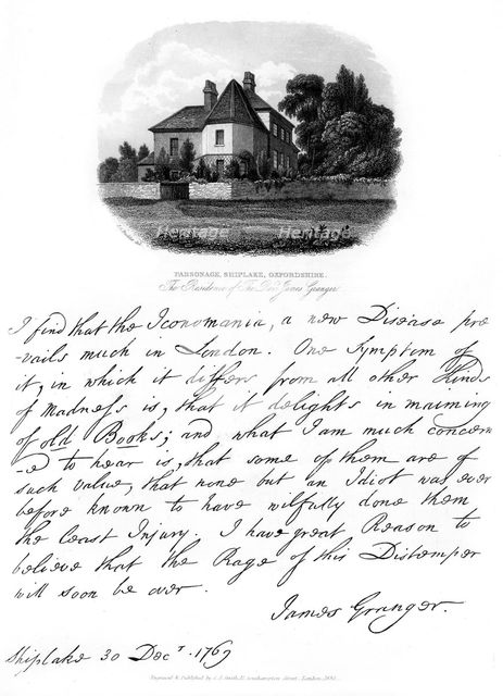 A letter from Reverend James Granger, and a view of his residence at Shiplake, 1769, (1840). Artist: James Granger