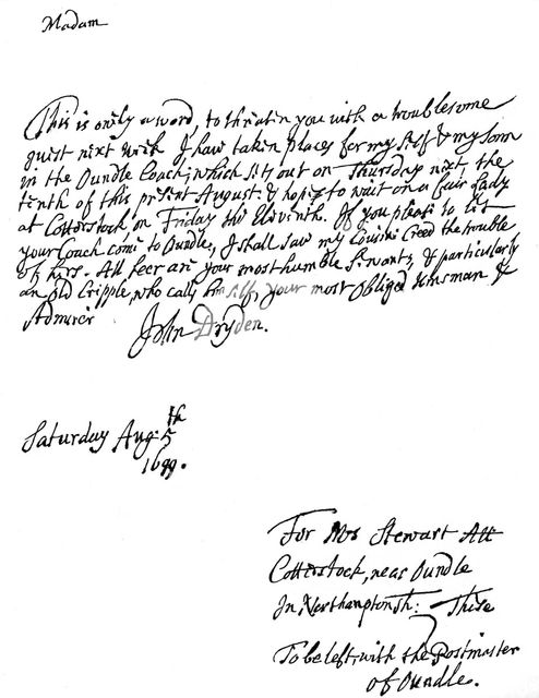 A letter written by John Dryden (1631-12700), English poet, 1699 (1840). Artist: Unknown