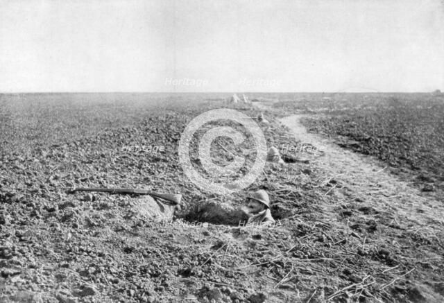 A line of French infantry foxholes, 1918. Artist: Unknown