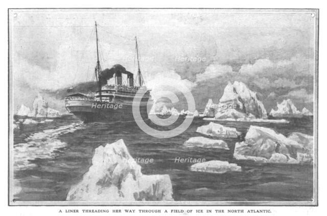'A Liner Threading Her Way Through a Field of Ice in the North Atlantic', April 20, 1912. Creator: Unknown.
