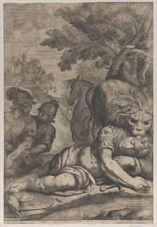 A lion atop a fallen horseman at right, with two other soldiers at left, 1640-70. Creator: Giovanni Battista Bonacina