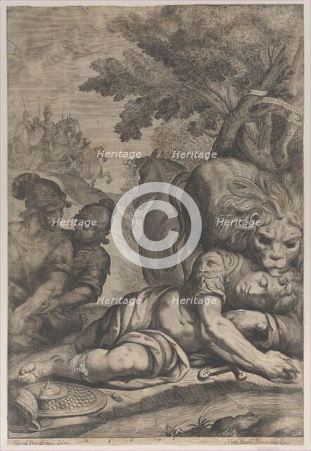 A lion atop a fallen horseman at right, with two other soldiers at left, 1640-70. Creator: Giovanni Battista Bonacina.