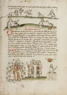 A Lion before a Bird in a Tree with a Stag, a Sheep, and a Wolf..., third quarter of 15th century. Creator: Unknown