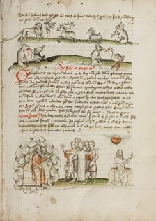 A Lion before a Bird in a Tree with a Stag, a Sheep, and a Wolf..., third quarter of 15th century. Creator: Unknown