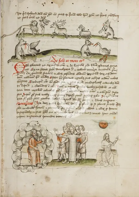A Lion before a Bird in a Tree with a Stag, a Sheep, and a Wolf..., third quarter of 15th century. Creator: Unknown.