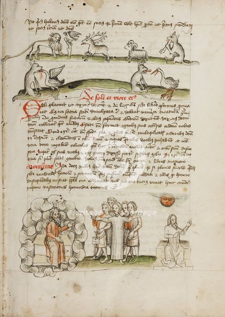 A Lion before a Bird in a Tree with a Stag, a Sheep, and a Wolf..., third quarter of 15th century. Creator: Unknown.