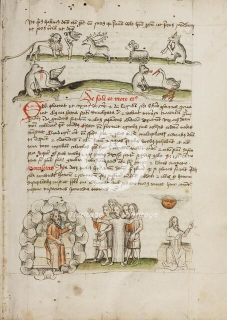 A Lion before a Bird in a Tree with a Stag, a Sheep, and a Wolf..., third quarter of 15th century. Creator: Unknown.