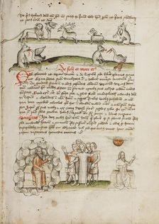 A Lion before a Bird in a Tree with a Stag, a Sheep, and a Wolf..., third quarter of 15th century. Creator: Unknown