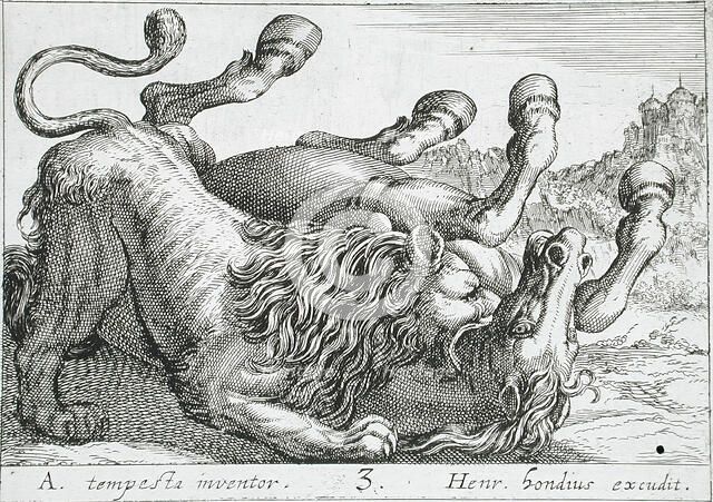 A Lion Biting a Horse's Neck, 1610. Creator: Hendrick Hondius I.