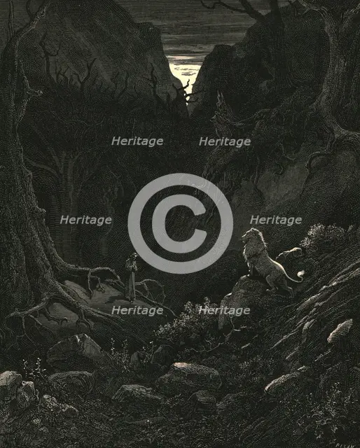 'A lion came, 'gainst me as it appear'd', c1890. Creator: Gustave Doré.