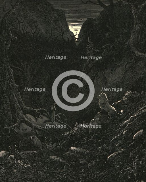 'A lion came, 'gainst me as it appear'd', c1890. Creator: Gustave Doré.