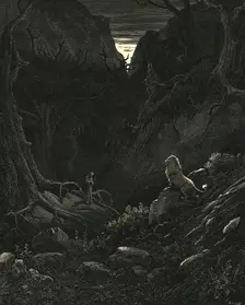 A lion came, gainst me as it appear'd c1890. Creator: Gustave Doré