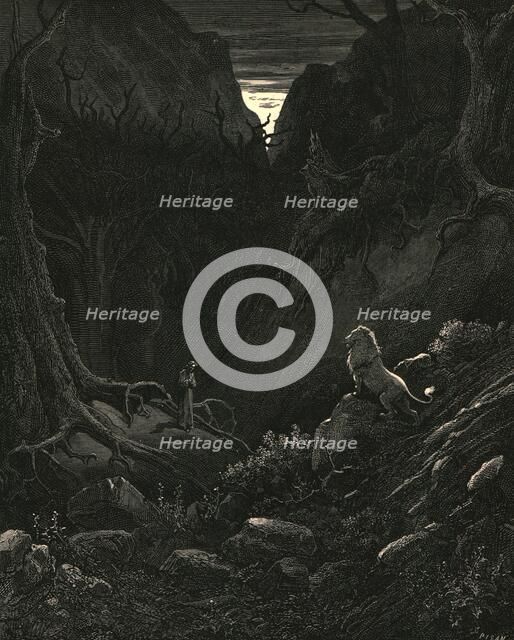 'A lion came, 'gainst me as it appear'd', c1890. Creator: Gustave Doré.