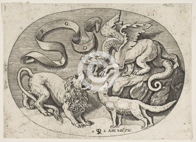 A lion, dragon and fox fighting each other, an inscribed banderole above, an oval c..., ca. 1515-27. Creator: Marco Dente.