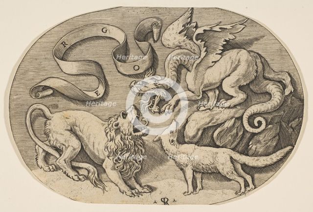 A lion, dragon and fox fighting each other, an inscribed banderole above, an oval c..., ca. 1515-27. Creator: Marco Dente.