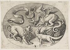 A lion, dragon and fox fighting each other, an inscribed banderole above, an oval c..., ca. 1515-27. Creator: Marco Dente