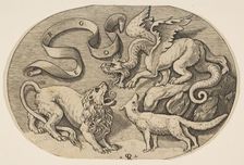 A lion, dragon and fox fighting each other, an inscribed banderole above, an oval c..., ca. 1515-27. Creator: Marco Dente