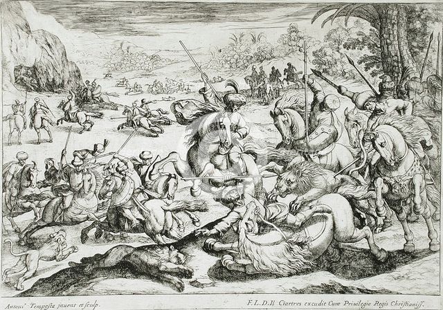 A Lion Hunt, 16th century. Creator: Antonio Tempesta.