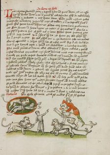 A Lion Standing Over a Woman Laying on the Ground: Another Man..., third quarter of 15th century. Creator: Unknown