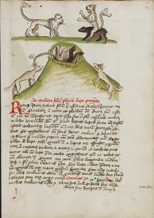 A Lion Standing on the Back of a Bear: Two Foxes in a Hole..., third quarter of 15th century. Creator: Unknown
