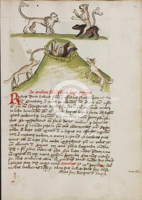 A Lion Standing on the Back of a Bear: Two Foxes in a Hole..., third quarter of 15th century. Creator: Unknown.