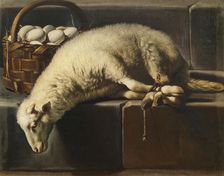 A ligated lamb besides a basket of eggs (Allegory of Easter), Second Half of the 17th cen.. Creator: Recco, Giovan Battista (1615-1660)