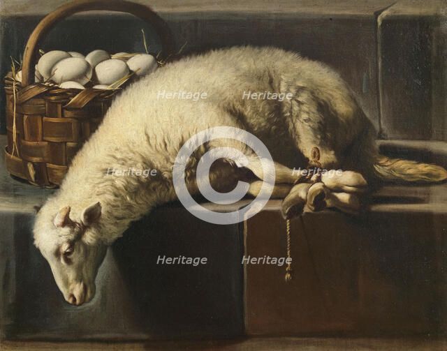 A ligated lamb besides a basket of eggs (Allegory of Easter), Second Half of the 17th cen.. Creator: Recco, Giovan Battista (1615-1660).