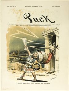 A Little Ajax for a Cent Defying the Lightning, from Puck, published December 10, 1890. Creator: Charles Jay Taylor