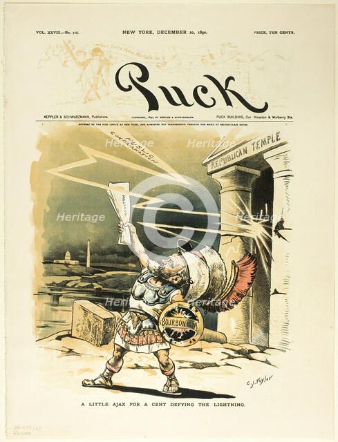 A Little Ajax for a Cent Defying the Lightning, from Puck, published December 10, 1890. Creator: Charles Jay Taylor.