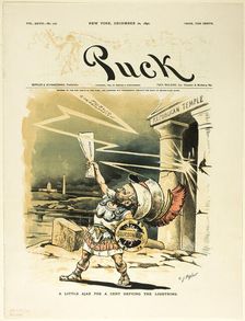 A Little Ajax for a Cent Defying the Lightning, from Puck, published December 10, 1890. Creator: Charles Jay Taylor