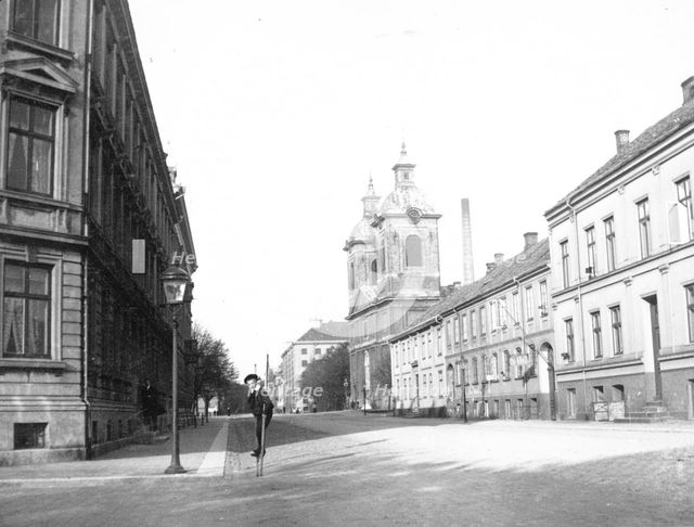 A little boy walking on stilts, Landskrona, Sweden, 1905. Creator: Unknown.
