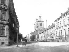 A little boy walking on stilts, Landskrona, Sweden, 1905. Creator: Unknown