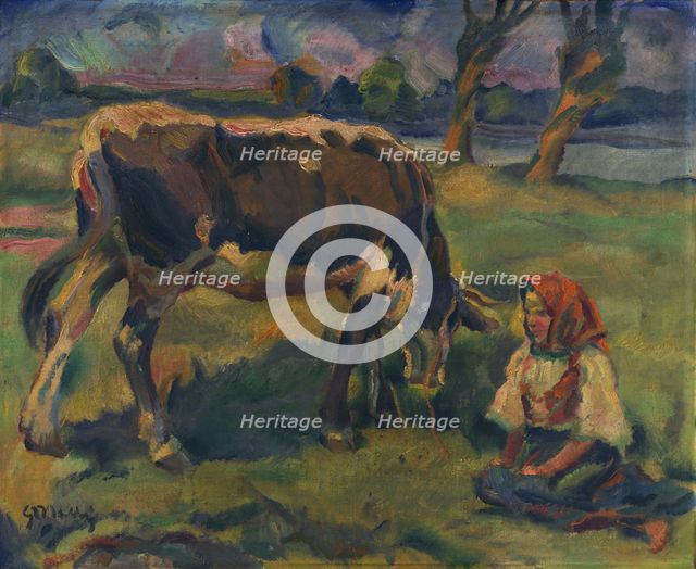 A Little Girl with a Cow, around 1937. Creator: Gustav Mally.