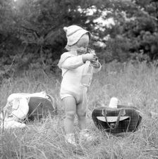 A little girl has found the picnic basket, Sweden, 1955. Creator: Unknown
