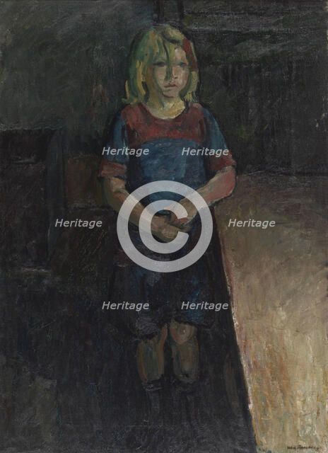 A little girl leaning on a table, 1919. Creator: William Lonnberg.