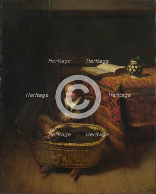 A Little Girl rocking a Cradle, c. 1655. Artist: Maes, Nicolaes (1634-1693)