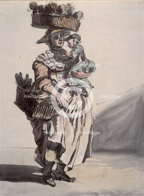 A London green vegetable seller carrying a child, 1759. Creator: Paul Sandby.
