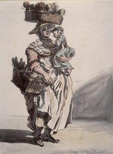 A London green vegetable seller carrying a child, 1759. Creator: Paul Sandby