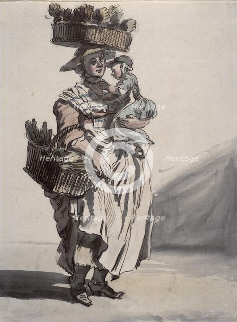 A London green vegetable seller carrying a child, 1759. Artist: Paul Sandby