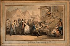 A long queue (line) of angry patients agitating outside the house of a doctor (surgeon..., ([1800?). Creator: Thomas Rowlandson
