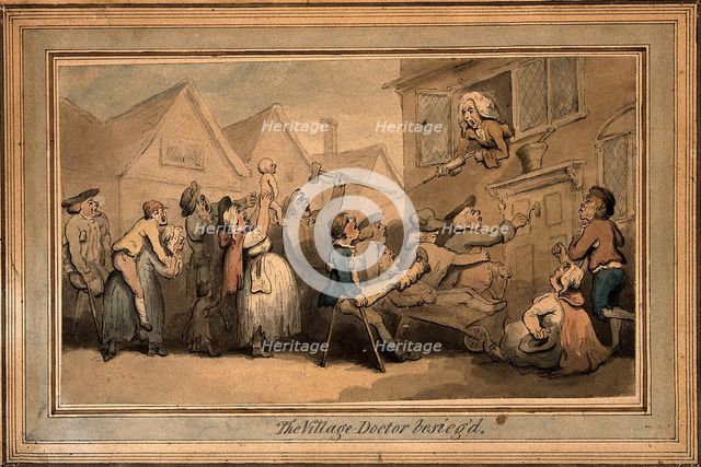 A long queue (line) of angry patients agitating outside the house of a doctor (surgeon..., ([1800?). Creator: Thomas Rowlandson.