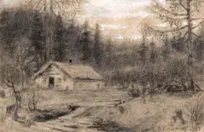A Lodge in the Taiga near the Village of Baranchiki by the Baikal Station. Workers Building..., 1904 Creator: Boris Vasilievich Smirnov