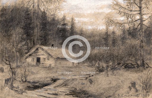 A Lodge in the Taiga near the Village of Baranchiki by the Baikal Station. Workers Building..., 1904 Creator: Boris Vasilievich Smirnov.