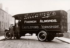 A lorry in the livery of Bellamy’s, advertising French Almonds, Castleford, Yorks, 1929
